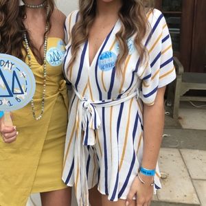 In The Beginning White/Yellow/Blue Striped Romper